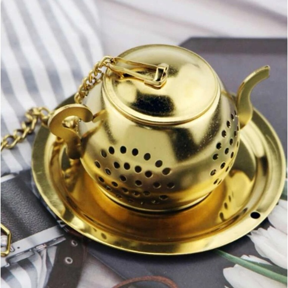 New Gold Stainless Steel Loose Leaf Tea Strainer Filter Chain Saucer Minimalist - Picture 2 of 16